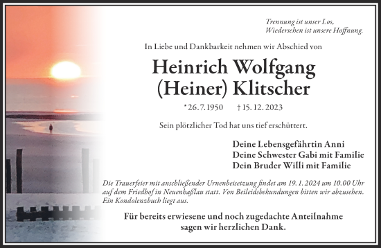 Traueranzeige von Heinrich Wolfgang Klitscher von Gelnhäuser Neue Zeitung