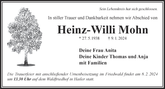 Traueranzeige von Heinz-Willi Mohn von Gelnhäuser Neue Zeitung