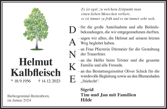 Traueranzeige von Helmut Kalbfleisch von Gelnhäuser Neue Zeitung