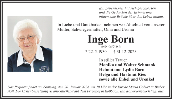 Traueranzeige von Inge Born von Gelnhäuser Neue Zeitung