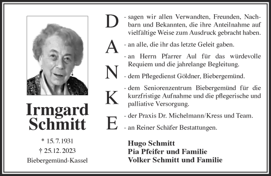 Traueranzeige von Irmgard Schmitt von Gelnhäuser Neue Zeitung