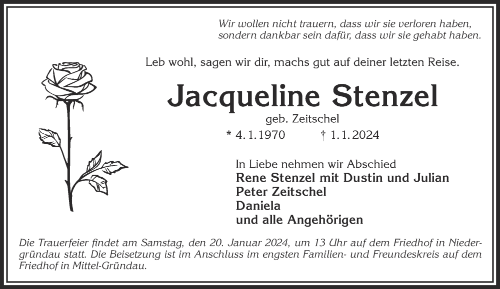  Traueranzeige für Jacqueline Stenzel vom 13.01.2024 aus Gelnhäuser Neue Zeitung