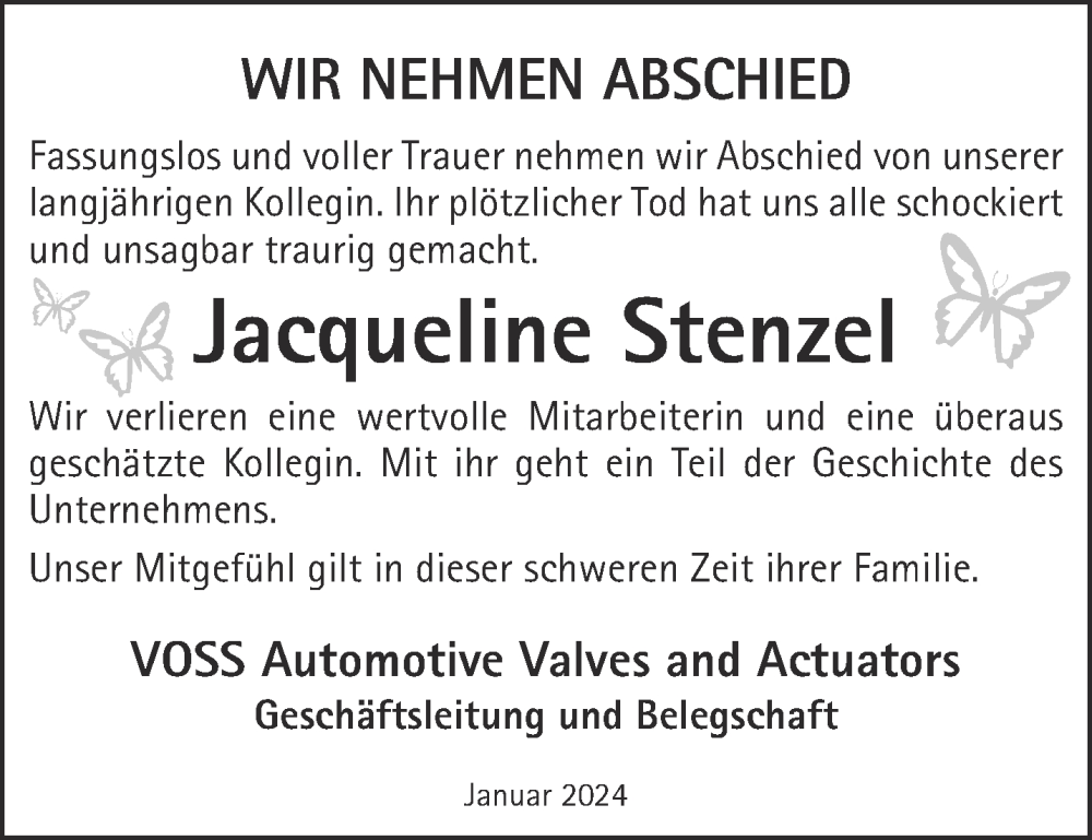  Traueranzeige für Jacqueline Stenzel vom 13.01.2024 aus Gelnhäuser Neue Zeitung