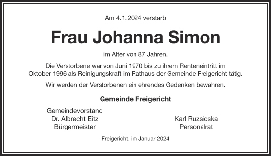 Traueranzeige von Johanna Simon von Gelnhäuser Neue Zeitung