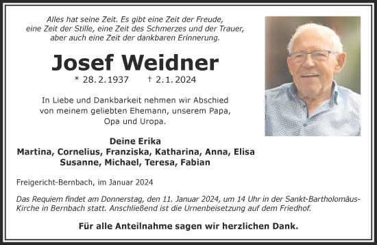 Traueranzeige von Josef Weidner von Gelnhäuser Neue Zeitung