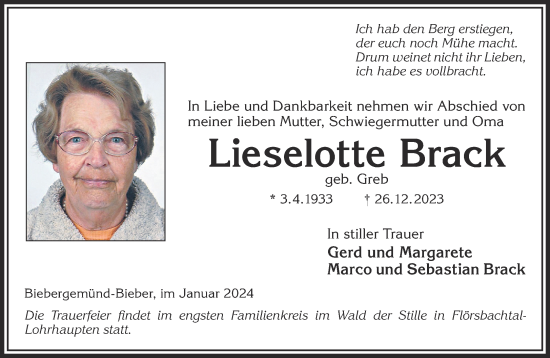 Traueranzeige von Lieselotte Brack von Gelnhäuser Neue Zeitung