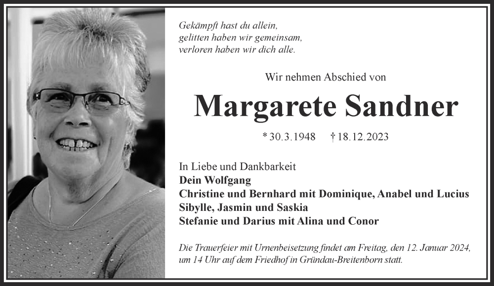  Traueranzeige für Margarete Sandner vom 06.01.2024 aus Gelnhäuser Neue Zeitung
