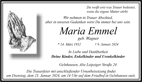 Traueranzeige von Maria Emmel von Gelnhäuser Neue Zeitung