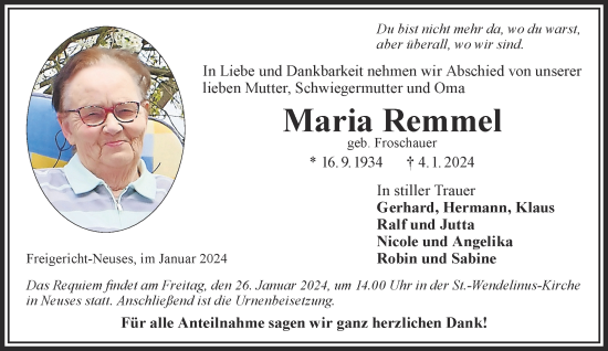 Traueranzeige von Maria Remmel von Gelnhäuser Neue Zeitung