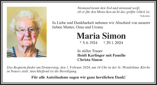 Traueranzeige von Maria Simon von Gelnhäuser Neue Zeitung