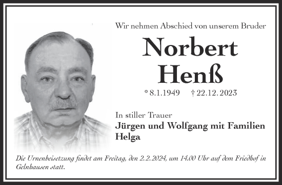 Traueranzeige von Norbert Henß von Gelnhäuser Neue Zeitung