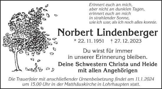 Traueranzeige von Norbert Lindenberger von Gelnhäuser Neue Zeitung