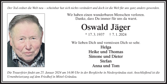 Traueranzeige von Oswald Jäger von Gelnhäuser Neue Zeitung