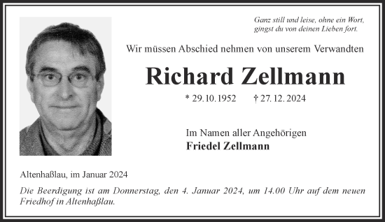 Traueranzeige von Richard Zellmann von Gelnhäuser Neue Zeitung