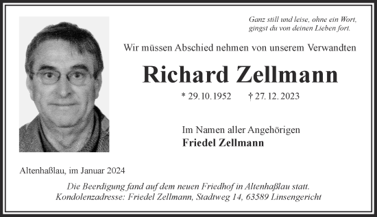 Traueranzeige von Richard Zellmann von Mittelhessen-Bote