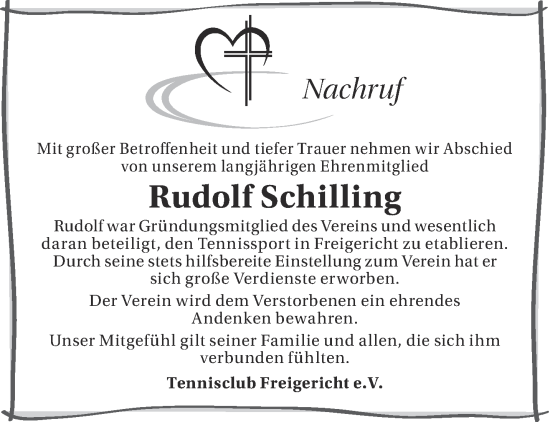 Traueranzeige von Rudolf Schilling von Gelnhäuser Neue Zeitung