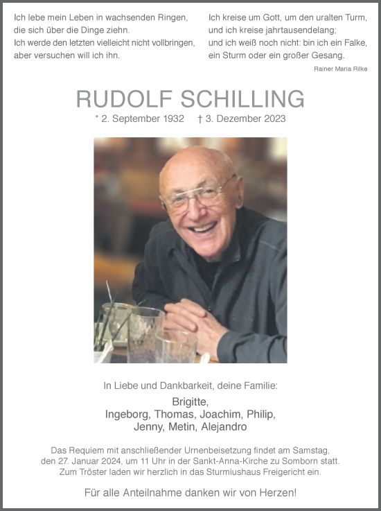 Traueranzeige von Rudolf Schilling von Gelnhäuser Neue Zeitung