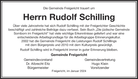 Traueranzeige von Rudolf Schilling von Gelnhäuser Neue Zeitung