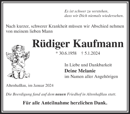 Traueranzeige von Rüdiger Kaufmann von Mittelhessen-Bote