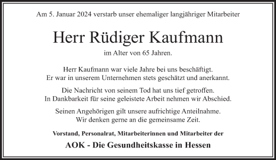 Traueranzeige von Rüdiger Kaufmann von Gelnhäuser Neue Zeitung