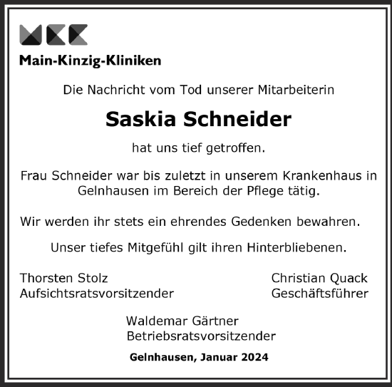 Traueranzeige von Saskia Schneider von Mittelhessen-Bote
