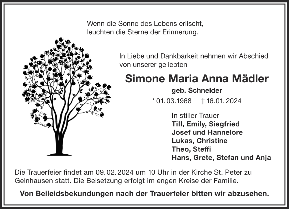  Traueranzeige für Simone Maria Anna Mädler vom 27.01.2024 aus Gelnhäuser Neue Zeitung