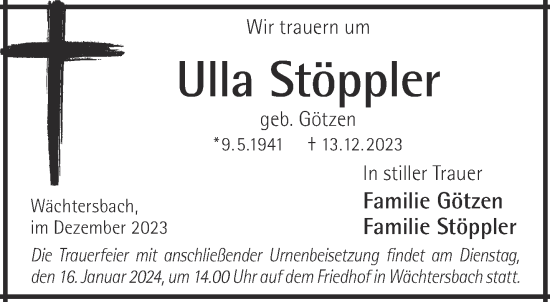 Traueranzeige von Ulla Stöppler von Gelnhäuser Neue Zeitung