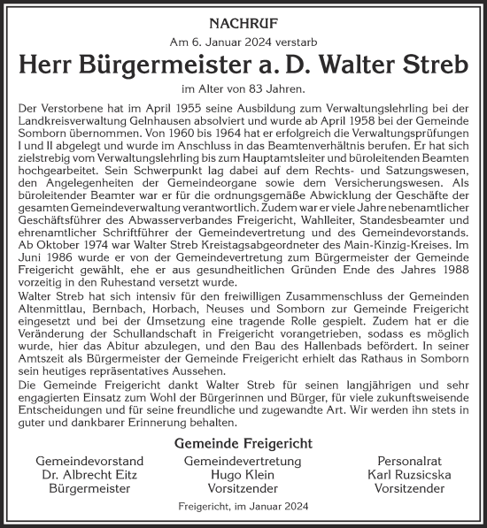 Traueranzeige von Walter Streb von Mittelhessen-Bote