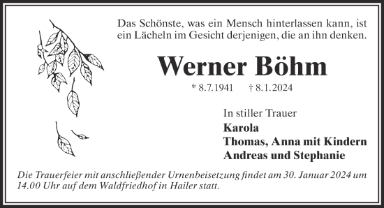 Traueranzeige von Werner Böhm von Gelnhäuser Neue Zeitung