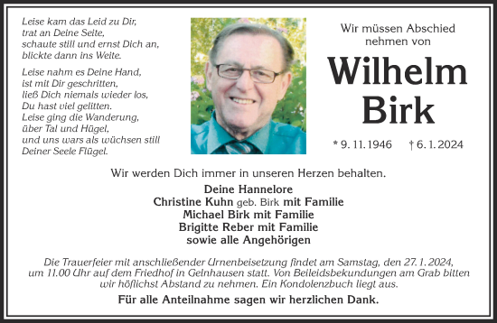 Traueranzeige von Wilhelm Birk von Gelnhäuser Neue Zeitung