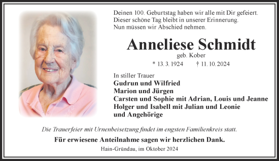 Traueranzeige von Anneliese Schmidt von Gelnhäuser Neue Zeitung