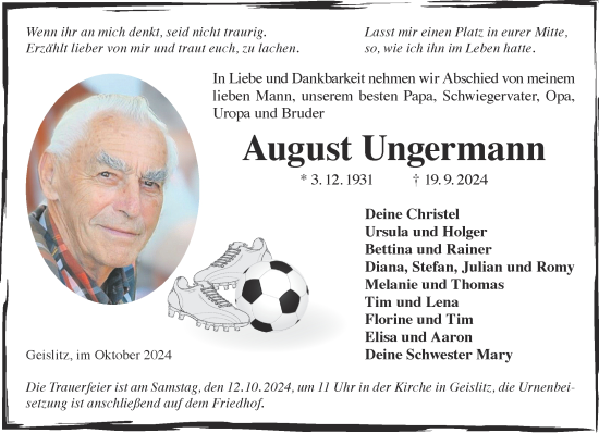 Traueranzeige von August Ungermann von Gelnhäuser Neue Zeitung