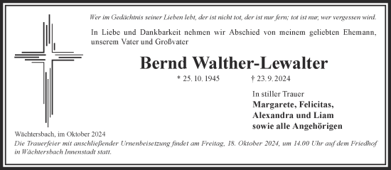 Traueranzeige von Bernd Walther-Lewalter von Gelnhäuser Neue Zeitung