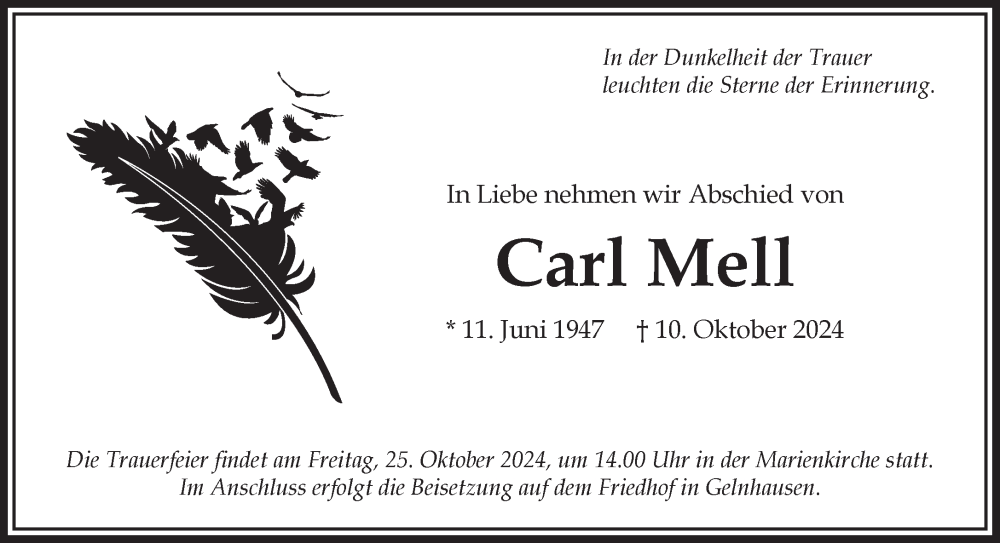  Traueranzeige für Carl Mell vom 23.10.2024 aus Gelnhäuser Neue Zeitung