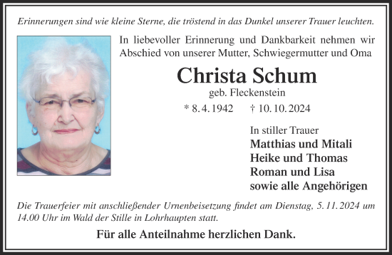 Traueranzeige von Christa Schum von Mittelhessen-Bote