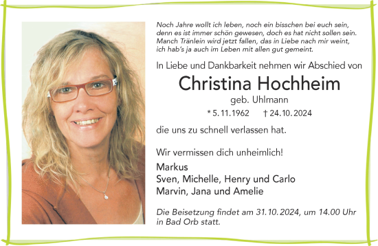 Traueranzeige von Christina Hochheim von Gelnhäuser Neue Zeitung