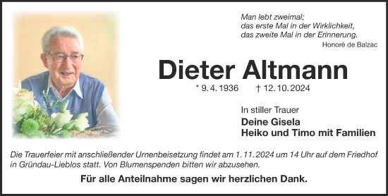 Traueranzeige von Dieter Altmann von Mittelhessen-Bote