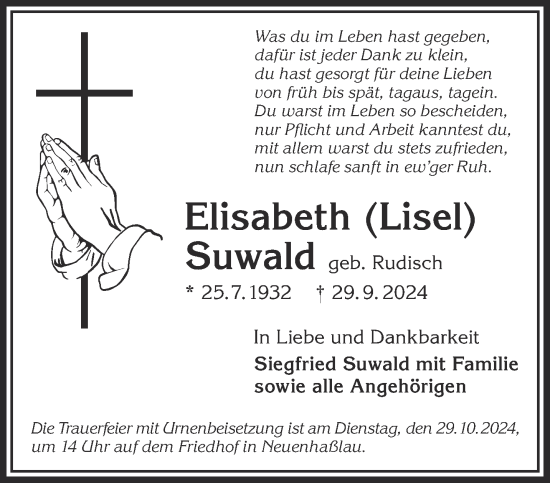 Traueranzeige von Elisabeth Suwald von Gelnhäuser Neue Zeitung