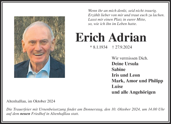 Traueranzeige von Erich Adrian von Gelnhäuser Neue Zeitung