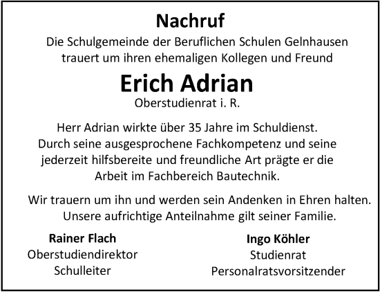 Traueranzeige von Erich Adrian von Gelnhäuser Neue Zeitung