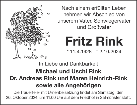 Traueranzeige von Fritz Rink von Gelnhäuser Neue Zeitung