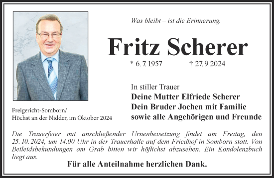 Traueranzeige von Fritz Scherer von Gelnhäuser Neue Zeitung