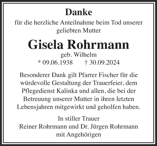 Traueranzeige von Gisela Rohrmann von Gelnhäuser Neue Zeitung