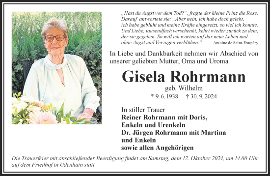 Traueranzeige von Gisela Rohrmann von Mittelhessen-Bote