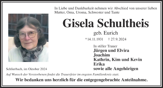 Traueranzeige von Gisela Schultheis von Gelnhäuser Neue Zeitung