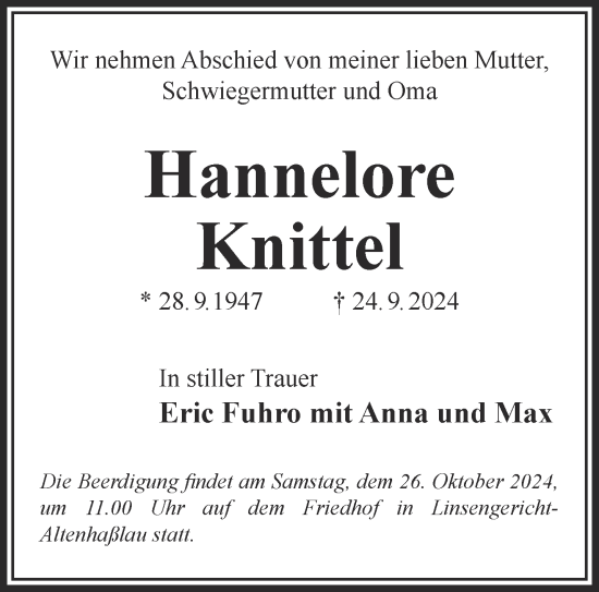 Traueranzeige von Hannelore Knittel von Gelnhäuser Neue Zeitung