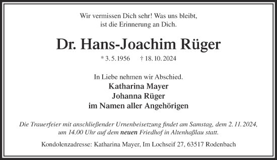 Traueranzeige von Hans-Joachim Rüger von Gelnhäuser Neue Zeitung