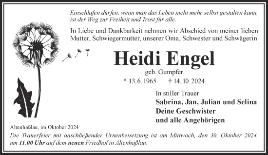 Traueranzeige von Heidi Engel von Mittelhessen-Bote