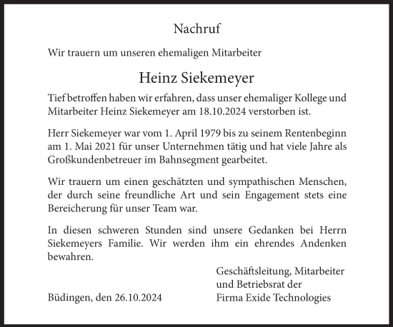 Traueranzeige von Heinz Siekemeyer von Gelnhäuser Neue Zeitung