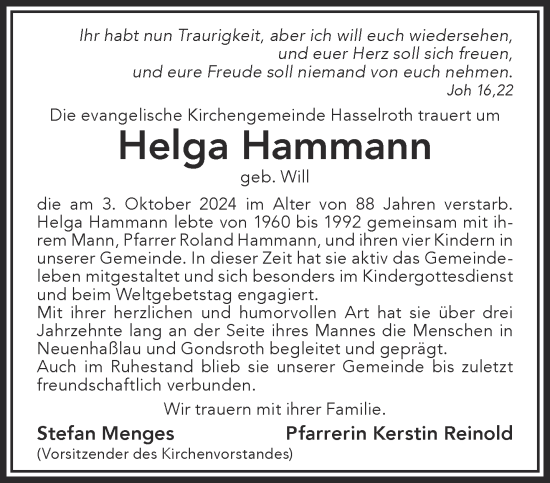 Traueranzeige von Helga Hammann von Gelnhäuser Neue Zeitung